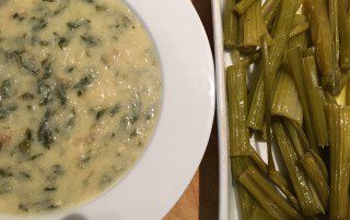Organic celery leaf and potato soup and Braised celery stalks