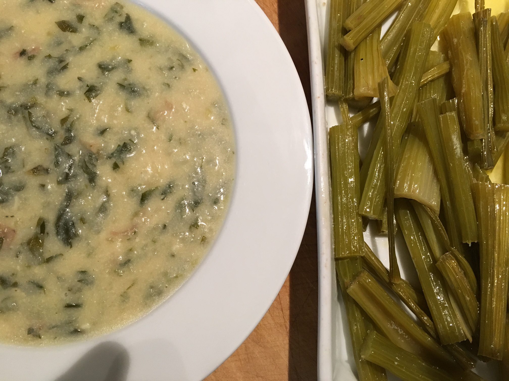 Organic celery leaf and potato soup and Braised celery stalks